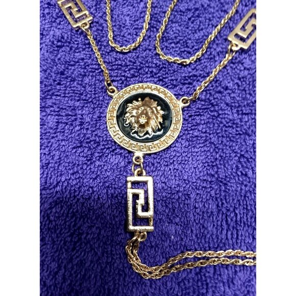 Vintage Gold Medallion Necklace With Greek Key Design & Lion Head Pendant - Picture 1 of 2
